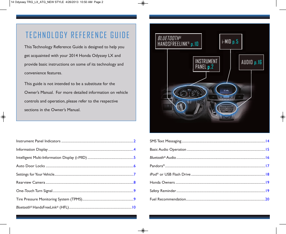 Technology reference guide, Audio p.16 bluetooth, Handsfreelink | P.10 instrument panel p.2 i-mid p.5 | HONDA 2014 Odyssey (LX) - Technology Reference Guide User Manual | Page 2 / 12