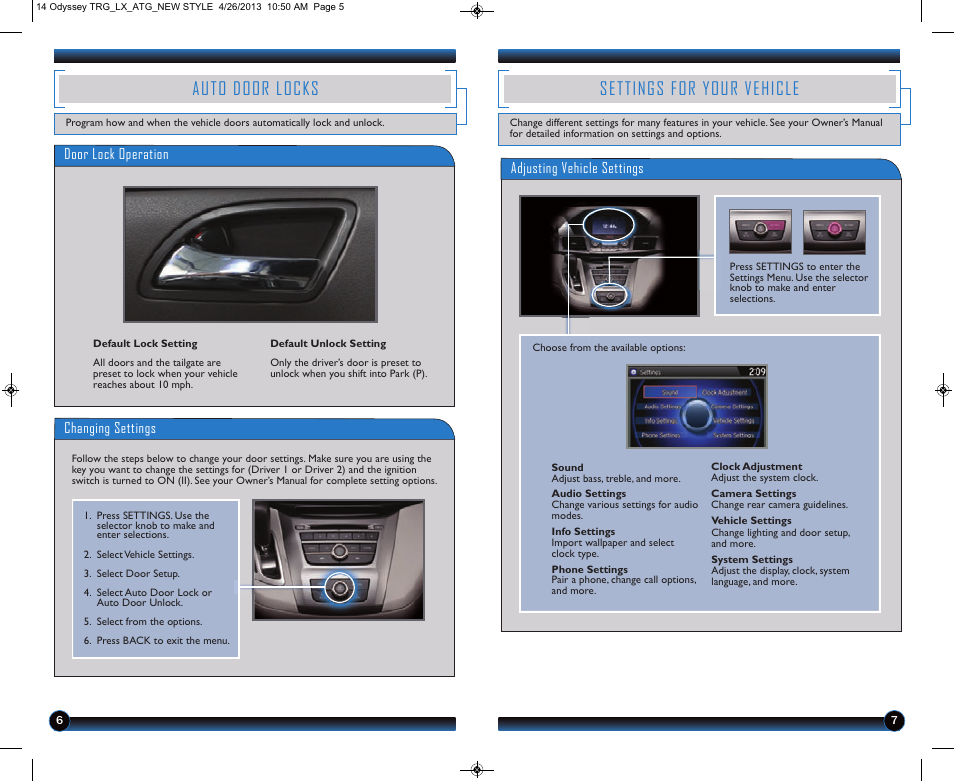 Auto door locks, Settings for your vehicle | HONDA 2014 Odyssey (LX) - Technology Reference Guide User Manual | Page 5 / 12