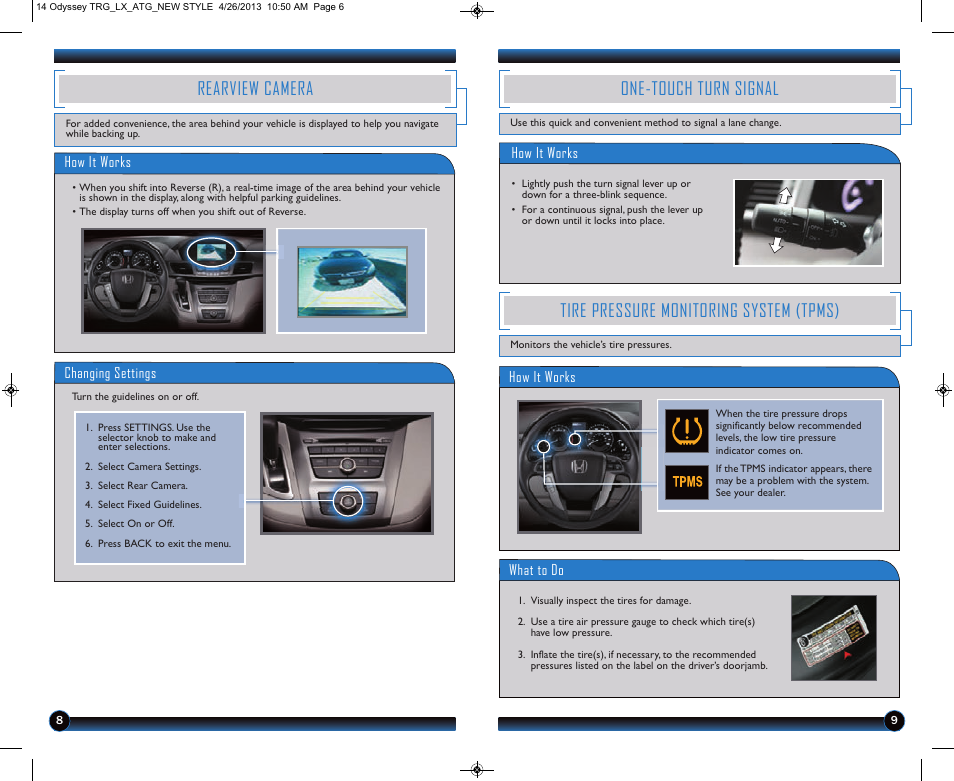 Tire pressure monitoring system (tpms), Rearview camera, One-touch turn signal | HONDA 2014 Odyssey (LX) - Technology Reference Guide User Manual | Page 6 / 12