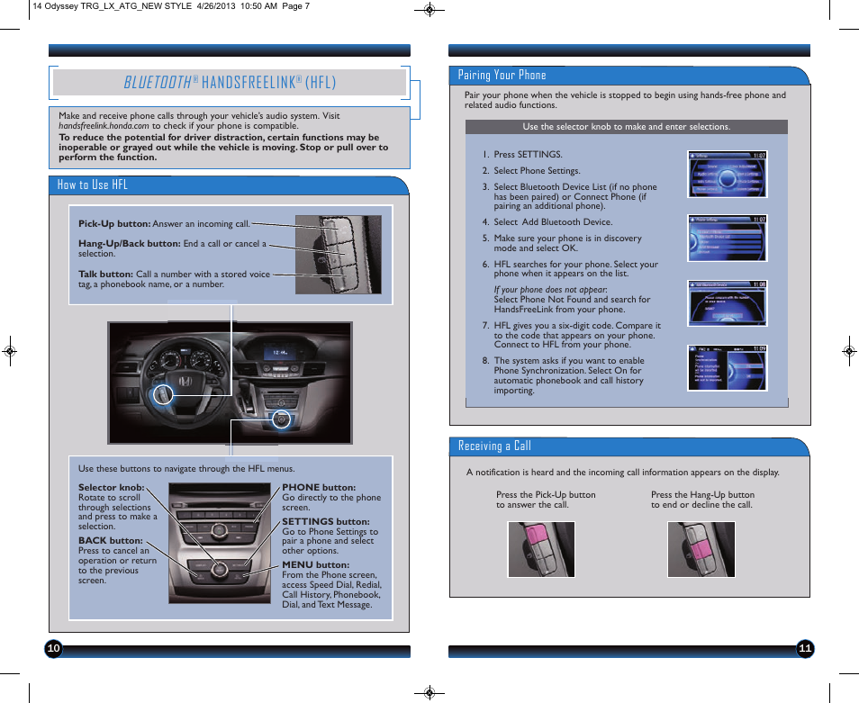 P.10, Bluetooth, Handsfreelink | Hfl) | HONDA 2014 Odyssey (LX) - Technology Reference Guide User Manual | Page 7 / 12