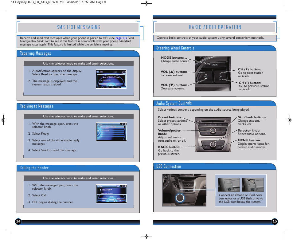 Sms text messaging, Basic audio operation | HONDA 2014 Odyssey (LX) - Technology Reference Guide User Manual | Page 9 / 12