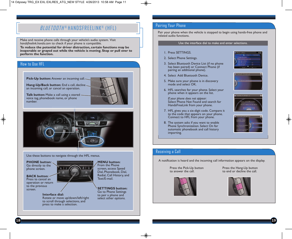 P.18, Bluetooth, Handsfreelink | Hfl) | HONDA 2014 Odyssey (LX, EX, EX-L and EX-L w/ RES) - Technology Reference Guide User Manual | Page 11 / 17