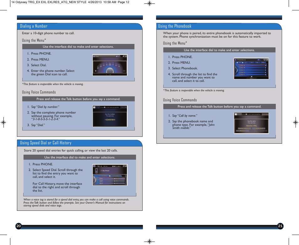 Dialing a number, Using the phonebook, Using speed dial or call history | HONDA 2014 Odyssey (LX, EX, EX-L and EX-L w/ RES) - Technology Reference Guide User Manual | Page 12 / 17