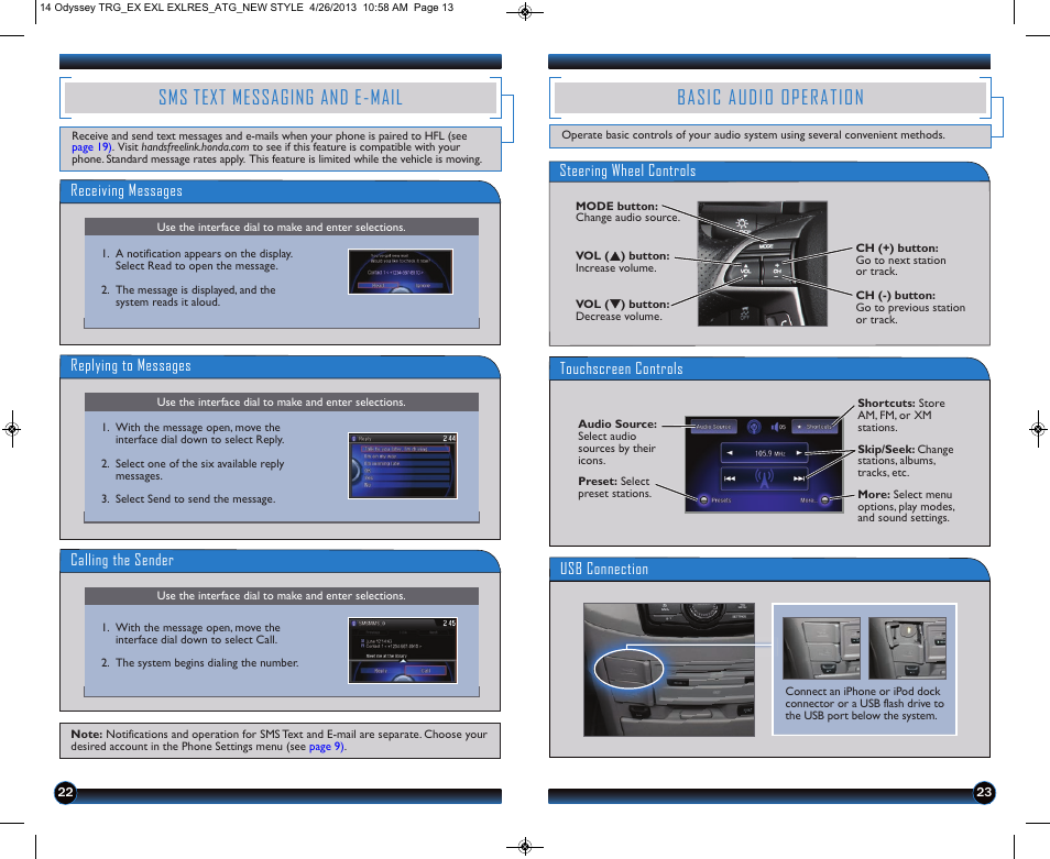 P.23, Sms text messaging and e-mail, Basic audio operation | HONDA 2014 Odyssey (LX, EX, EX-L and EX-L w/ RES) - Technology Reference Guide User Manual | Page 13 / 17