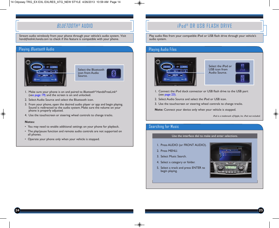 Bluetooth, Audio, Ipod | Or usb flash drive | HONDA 2014 Odyssey (LX, EX, EX-L and EX-L w/ RES) - Technology Reference Guide User Manual | Page 14 / 17