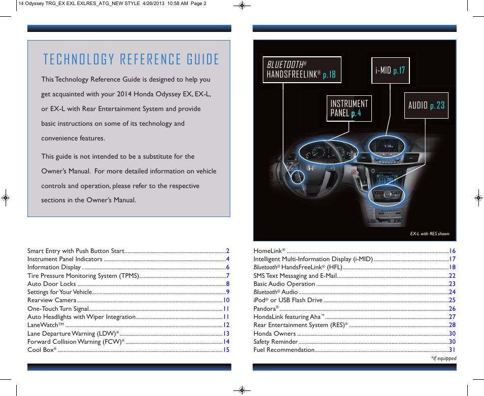 Technology reference guide, Audio p.23 bluetooth, Handsfreelink | HONDA 2014 Odyssey (LX, EX, EX-L and EX-L w/ RES) - Technology Reference Guide User Manual | Page 2 / 17