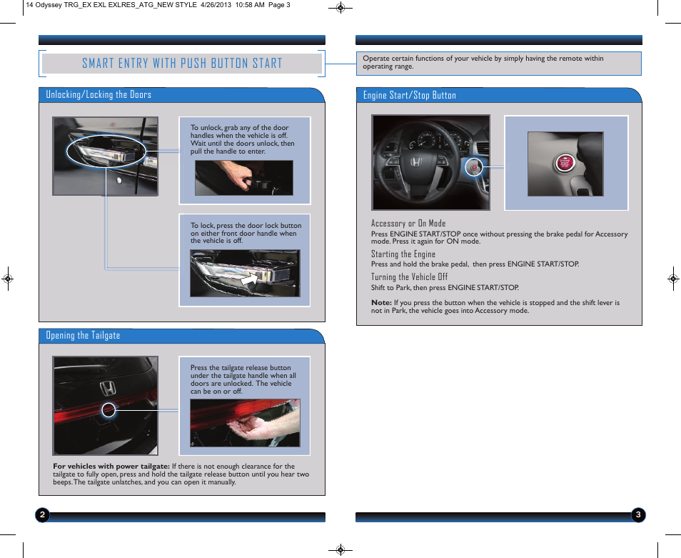 Smart entry with push button start | HONDA 2014 Odyssey (LX, EX, EX-L and EX-L w/ RES) - Technology Reference Guide User Manual | Page 3 / 17