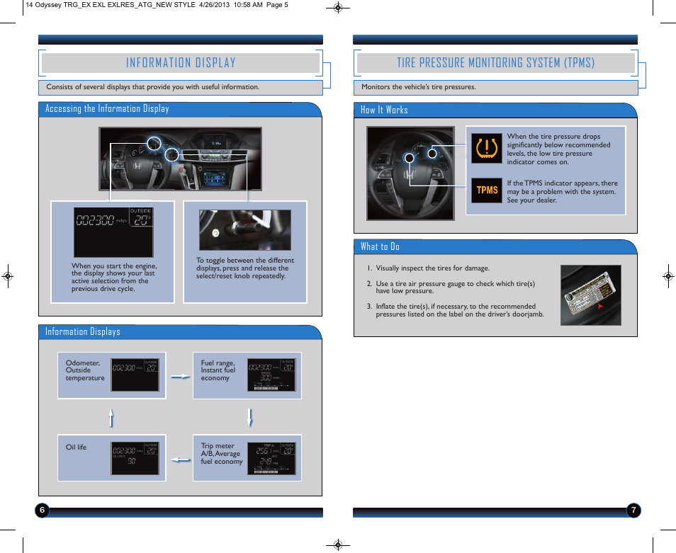 Information display, Tire pressure monitoring system (tpms) | HONDA 2014 Odyssey (LX, EX, EX-L and EX-L w/ RES) - Technology Reference Guide User Manual | Page 5 / 17