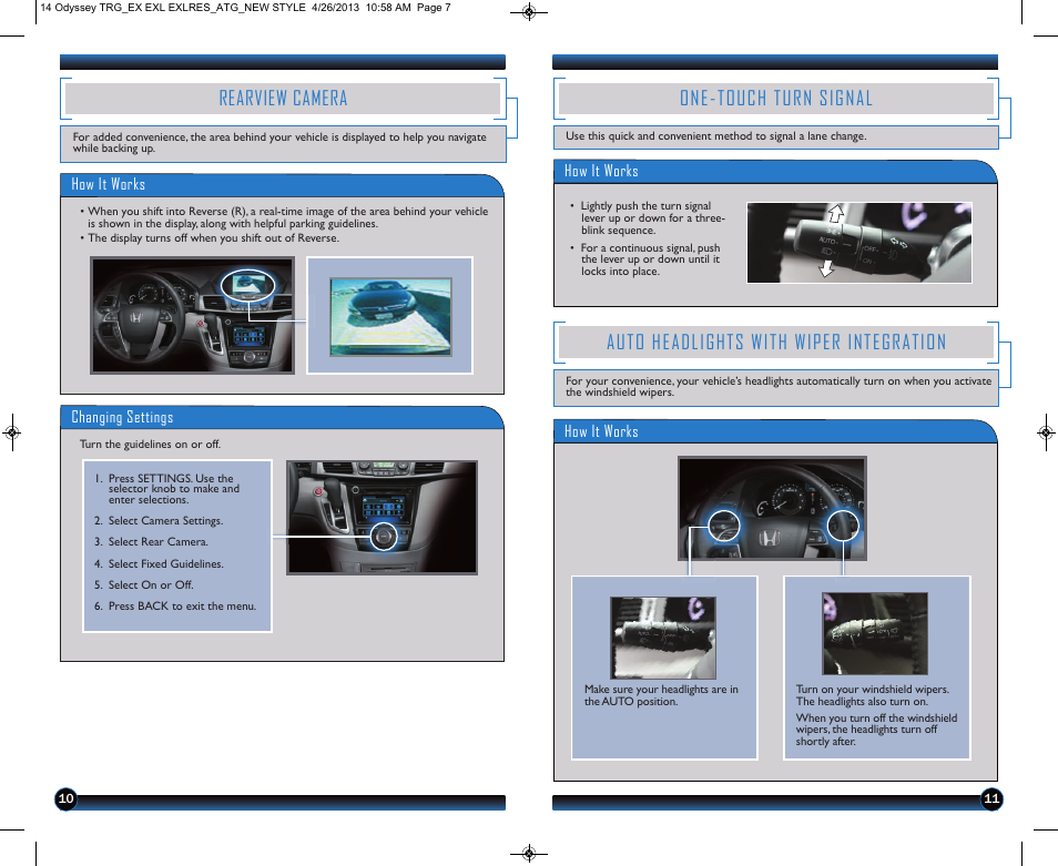 One-touch turn signal, Auto headlights with wiper integration, Rearview camera | HONDA 2014 Odyssey (LX, EX, EX-L and EX-L w/ RES) - Technology Reference Guide User Manual | Page 7 / 17