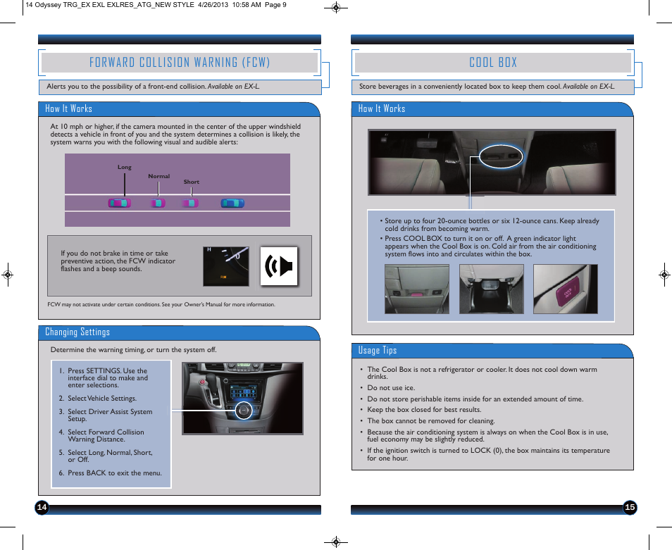 Forward collision warning (fcw), Cool box | HONDA 2014 Odyssey (LX, EX, EX-L and EX-L w/ RES) - Technology Reference Guide User Manual | Page 9 / 17