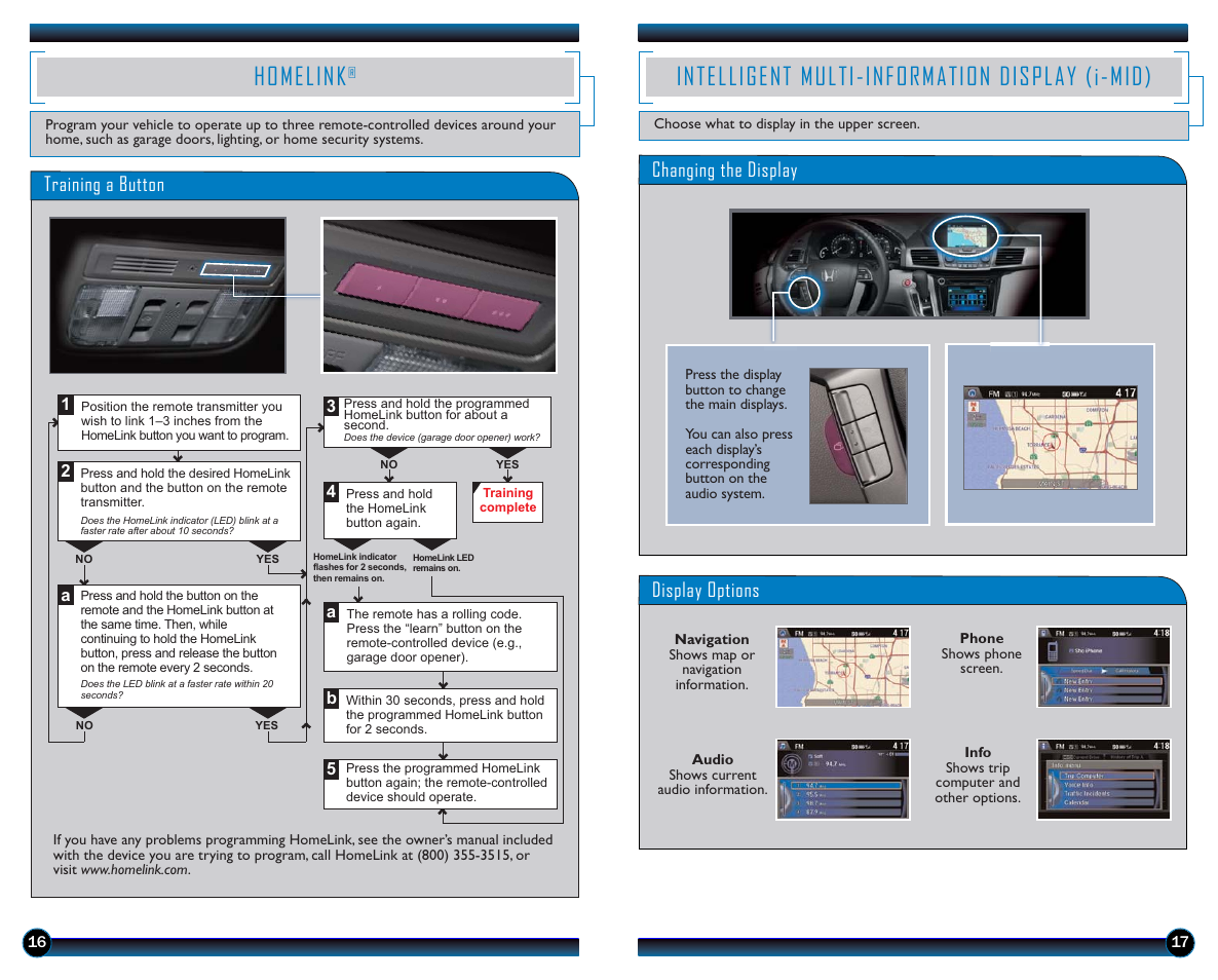 Homelink, Intelligent multi-information display (i-mid), I-mid p. 17 | Training a button, Display options, Changing the display | HONDA 2014 Odyssey (EX-L with Navigation) - Technology Reference Guide User Manual | Page 10 / 21