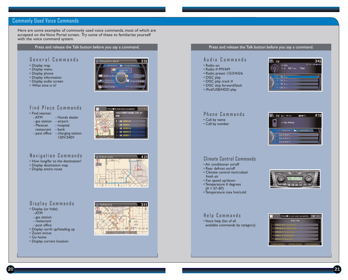 Commonly used voice commands | HONDA 2014 Odyssey (EX-L with Navigation) - Technology Reference Guide User Manual | Page 12 / 21