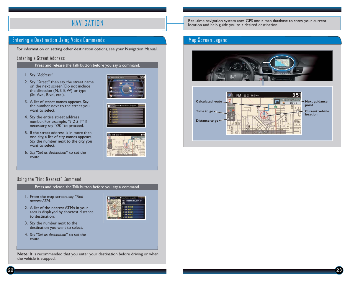 Navigation, Navigation p. 22, Entering a destination using voice commands | Map screen legend | HONDA 2014 Odyssey (EX-L with Navigation) - Technology Reference Guide User Manual | Page 13 / 21