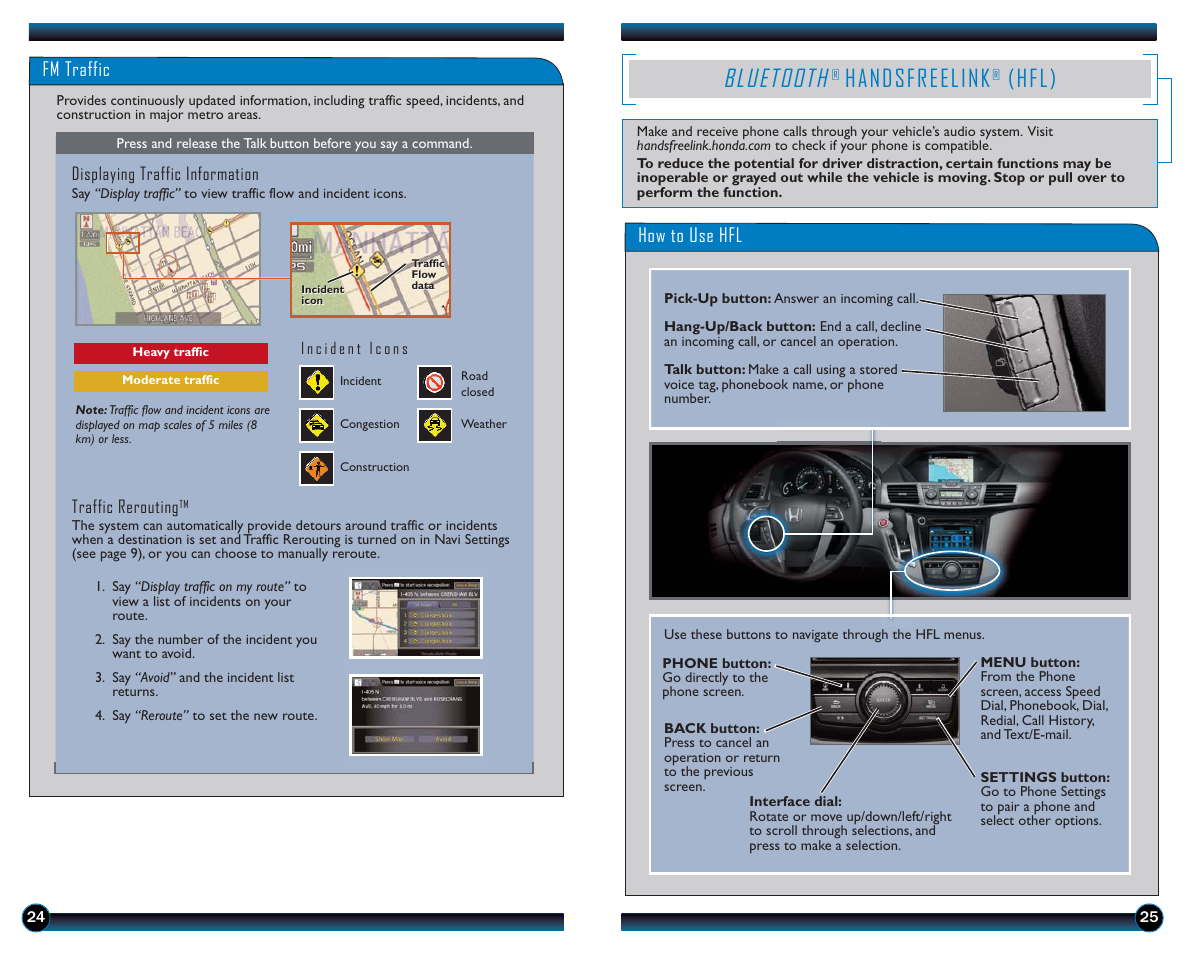 Bluetooth, Handsfreelink, Hfl) | P. 25, Fm traffic, How to use hfl | HONDA 2014 Odyssey (EX-L with Navigation) - Technology Reference Guide User Manual | Page 14 / 21