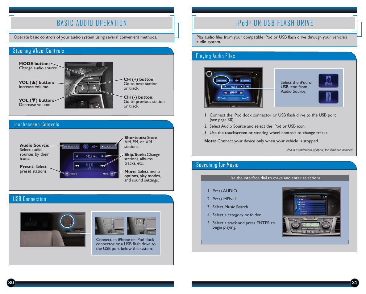 Basic audio operation ipod, Or usb flash drive, Basic audio operation | Ipod | HONDA 2014 Odyssey (EX-L with Navigation) - Technology Reference Guide User Manual | Page 17 / 21