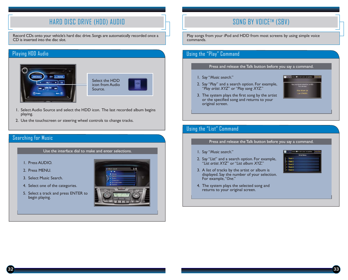 Hard disc drive (hdd) audio song by voice, Sbv), Song by voice | Hard disc drive (hdd) audio | HONDA 2014 Odyssey (EX-L with Navigation) - Technology Reference Guide User Manual | Page 18 / 21