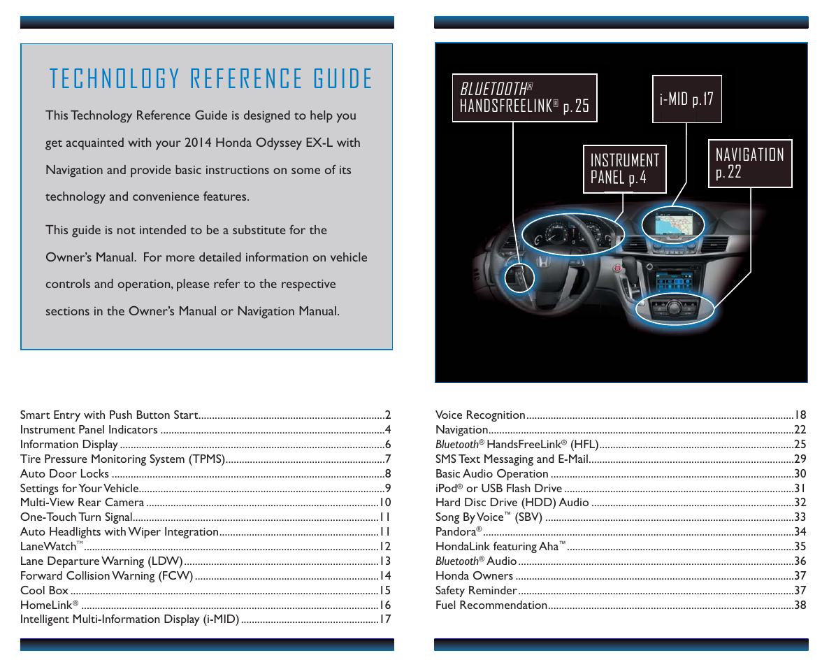 Navigation p. 22 bluetooth, Handsfreelink | HONDA 2014 Odyssey (EX-L with Navigation) - Technology Reference Guide User Manual | Page 2 / 21