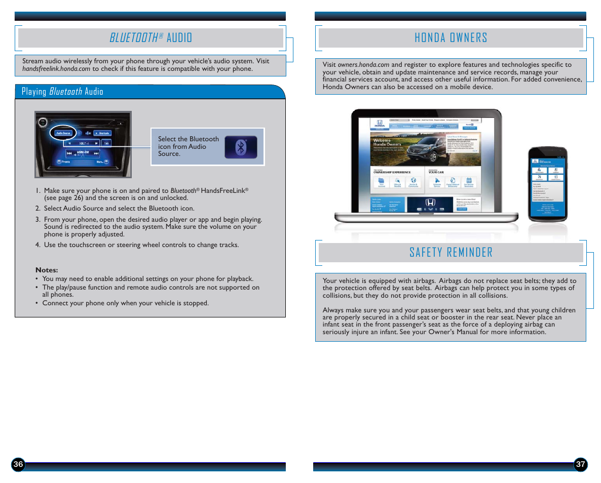 Bluetooth, Audio, Honda owners safety reminder | Honda owners, Safety reminder | HONDA 2014 Odyssey (EX-L with Navigation) - Technology Reference Guide User Manual | Page 20 / 21
