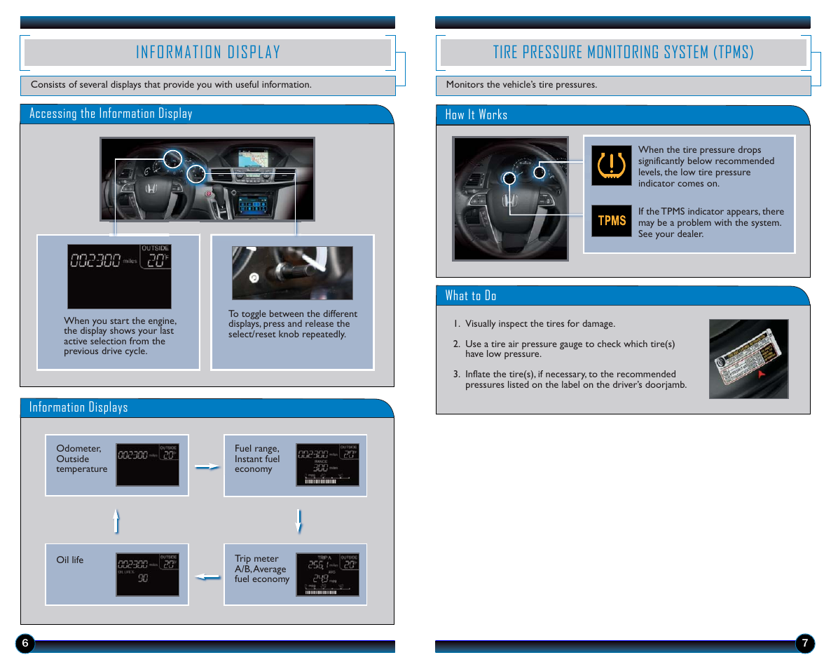 Information display, Tire pressure monitoring system (tpms) | HONDA 2014 Odyssey (EX-L with Navigation) - Technology Reference Guide User Manual | Page 5 / 21