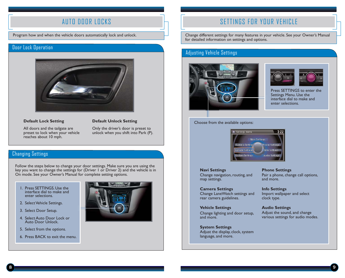 Auto door locks settings for your vehicle, Settings for your vehicle, Auto door locks | HONDA 2014 Odyssey (EX-L with Navigation) - Technology Reference Guide User Manual | Page 6 / 21