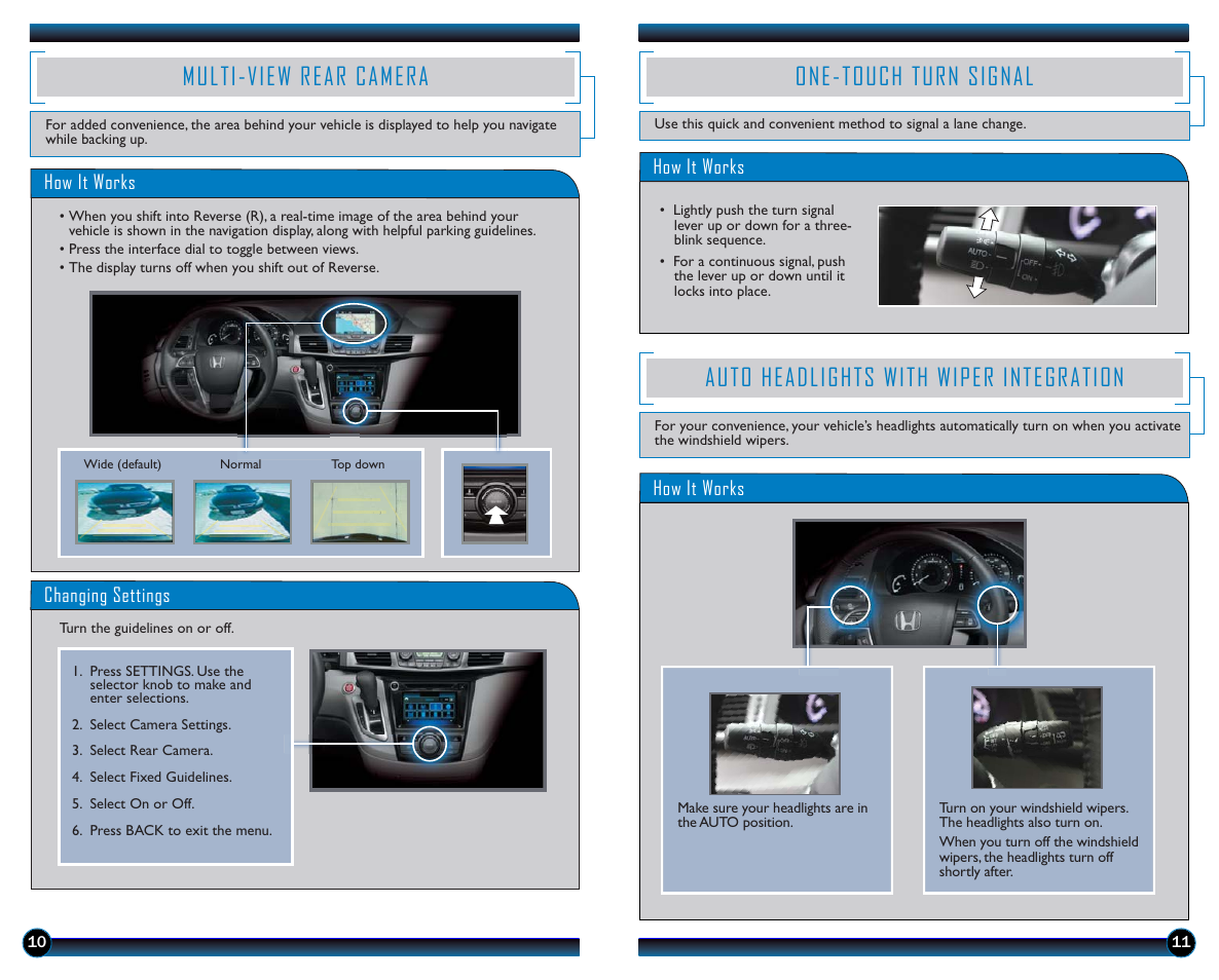 Multi-view rear camera, One-touch turn signal, Auto headlights with wiper integration | HONDA 2014 Odyssey (EX-L with Navigation) - Technology Reference Guide User Manual | Page 7 / 21