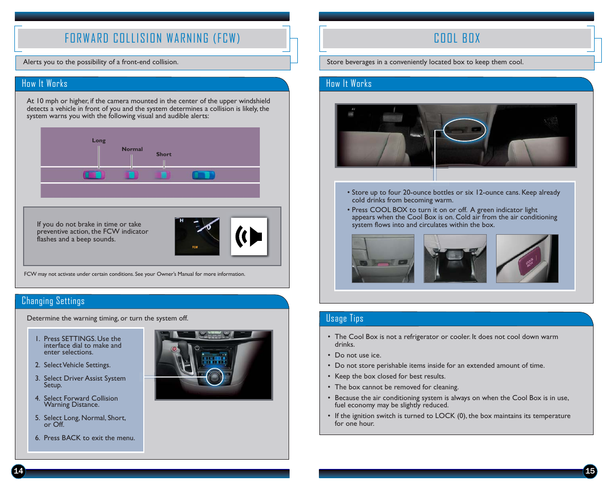 Forward collision warning (fcw) cool box, Forward collision warning (fcw), Cool box | HONDA 2014 Odyssey (EX-L with Navigation) - Technology Reference Guide User Manual | Page 9 / 21
