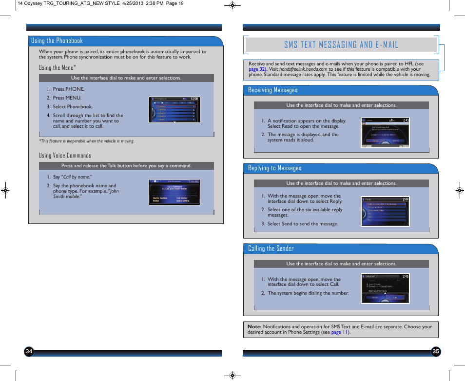 Sms text messaging and e-mail | HONDA 2014 Odyssey (Touring and Touring Elite) - Technology Reference Guide User Manual | Page 19 / 25