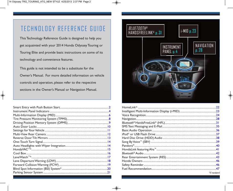 Technology reference guide, Navigation p.28 bluetooth, Handsfreelink | HONDA 2014 Odyssey (Touring and Touring Elite) - Technology Reference Guide User Manual | Page 2 / 25