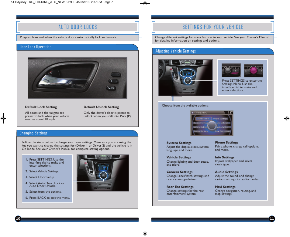 Settings for your vehicle, Auto door locks | HONDA 2014 Odyssey (Touring and Touring Elite) - Technology Reference Guide User Manual | Page 7 / 25