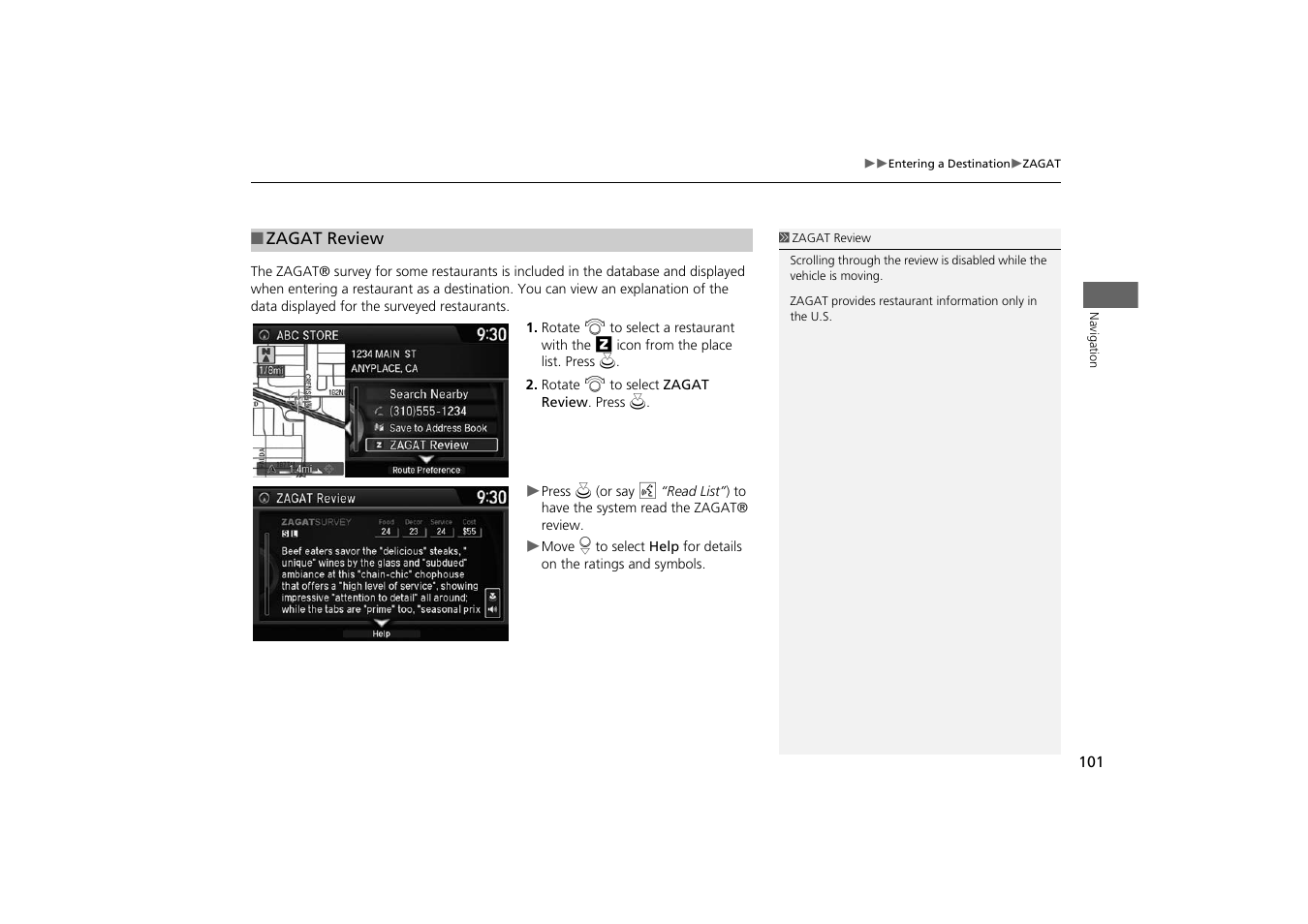 2 zagat review p. 101 | HONDA 2014 Odyssey - Navigation Manual User Manual | Page 102 / 327