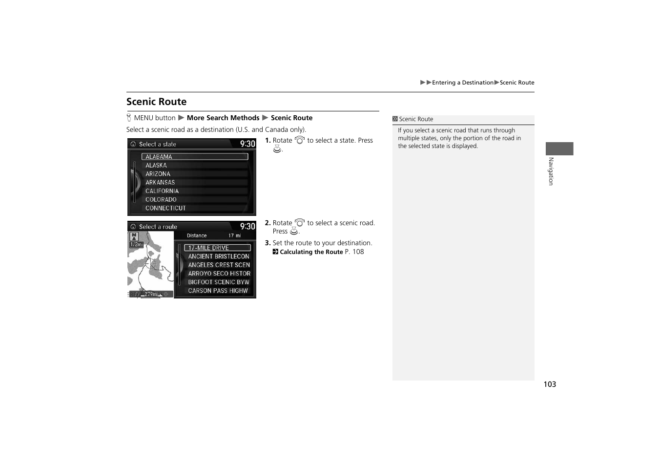 Scenic route, 2 scenic route, P. 103 | HONDA 2014 Odyssey - Navigation Manual User Manual | Page 104 / 327