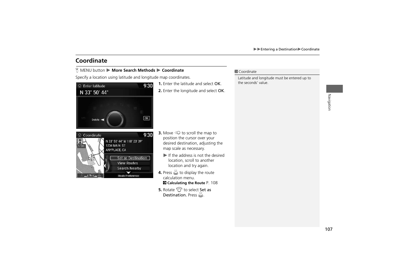 Coordinate, 2 coordinate, P. 107 | HONDA 2014 Odyssey - Navigation Manual User Manual | Page 108 / 327
