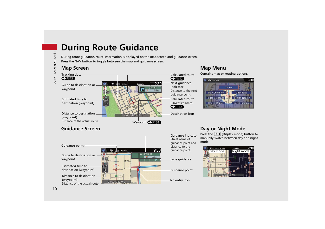 During route guidance, Map screen guidance screen, Map menu | Day or night mode | HONDA 2014 Odyssey - Navigation Manual User Manual | Page 11 / 327