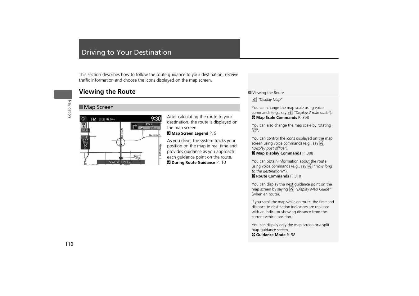 Driving to your destination 110, P110), Driving to your destination | Viewing the route, 2 driving to your destination, P. 110 | HONDA 2014 Odyssey - Navigation Manual User Manual | Page 111 / 327