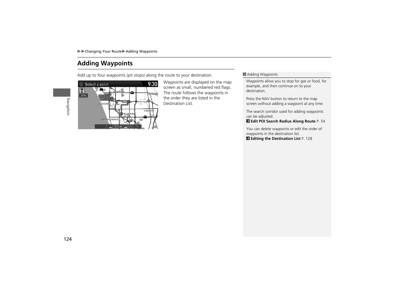 P124), Adding waypoints | HONDA 2014 Odyssey - Navigation Manual User Manual | Page 125 / 327