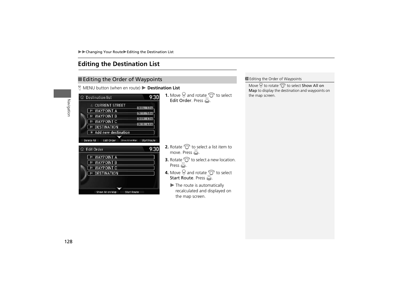 Editing the destination list, 2 editing the destination list, P. 128 | 2 editing the destination list p. 128 | HONDA 2014 Odyssey - Navigation Manual User Manual | Page 129 / 327