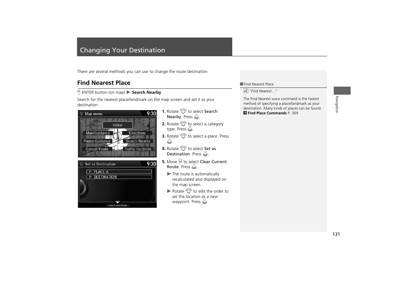 Changing your destination 131, P131), Changing your destination | Find nearest place, 2 find nearest place p. 131, 2 find nearest place, P. 131 | HONDA 2014 Odyssey - Navigation Manual User Manual | Page 132 / 327