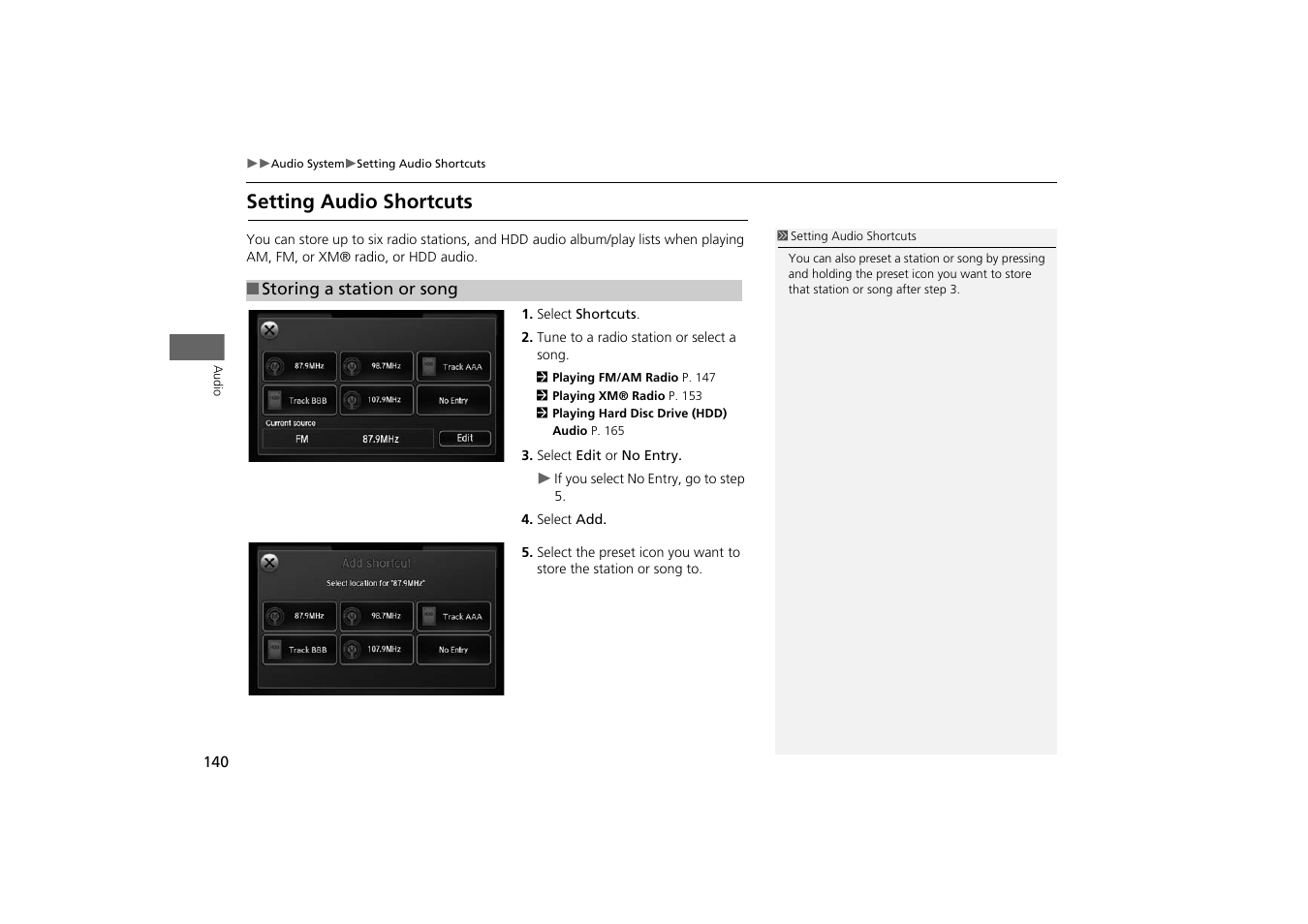 Setting audio shortcuts | HONDA 2014 Odyssey - Navigation Manual User Manual | Page 141 / 327