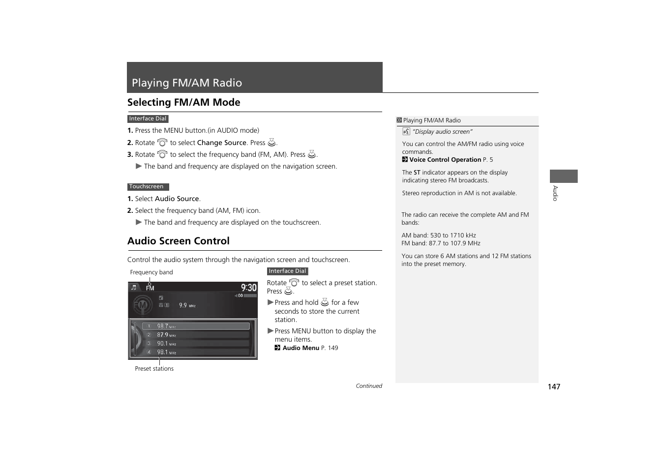 Playing fm/am radio 147, P147), Playing fm/am radio | Selecting fm/am mode audio screen control, Playing fm/am radio p. 147, Selecting fm/am mode, Audio screen control | HONDA 2014 Odyssey - Navigation Manual User Manual | Page 148 / 327