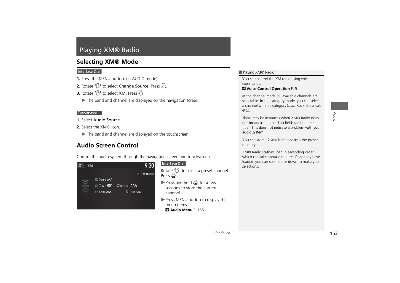 Playing xm® radio 153, P153), Playing xm® radio | Selecting xm® mode audio screen control, Playing xm® radio p. 153, Selecting xm® mode, Audio screen control | HONDA 2014 Odyssey - Navigation Manual User Manual | Page 154 / 327