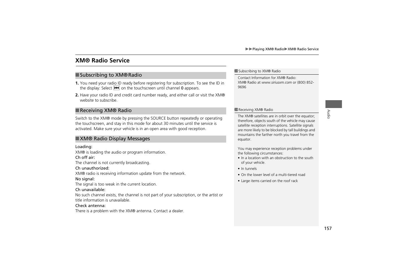 Xm® radio service | HONDA 2014 Odyssey - Navigation Manual User Manual | Page 158 / 327