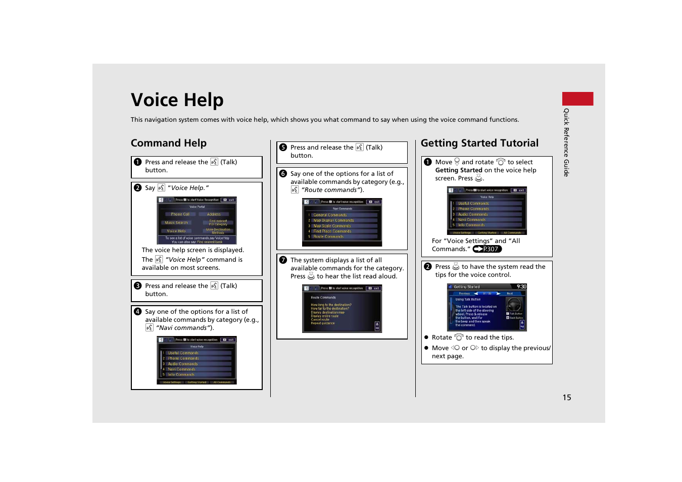 Voice help, P15), Voice help (p15) | Command help, Getting started tutorial | HONDA 2014 Odyssey - Navigation Manual User Manual | Page 16 / 327