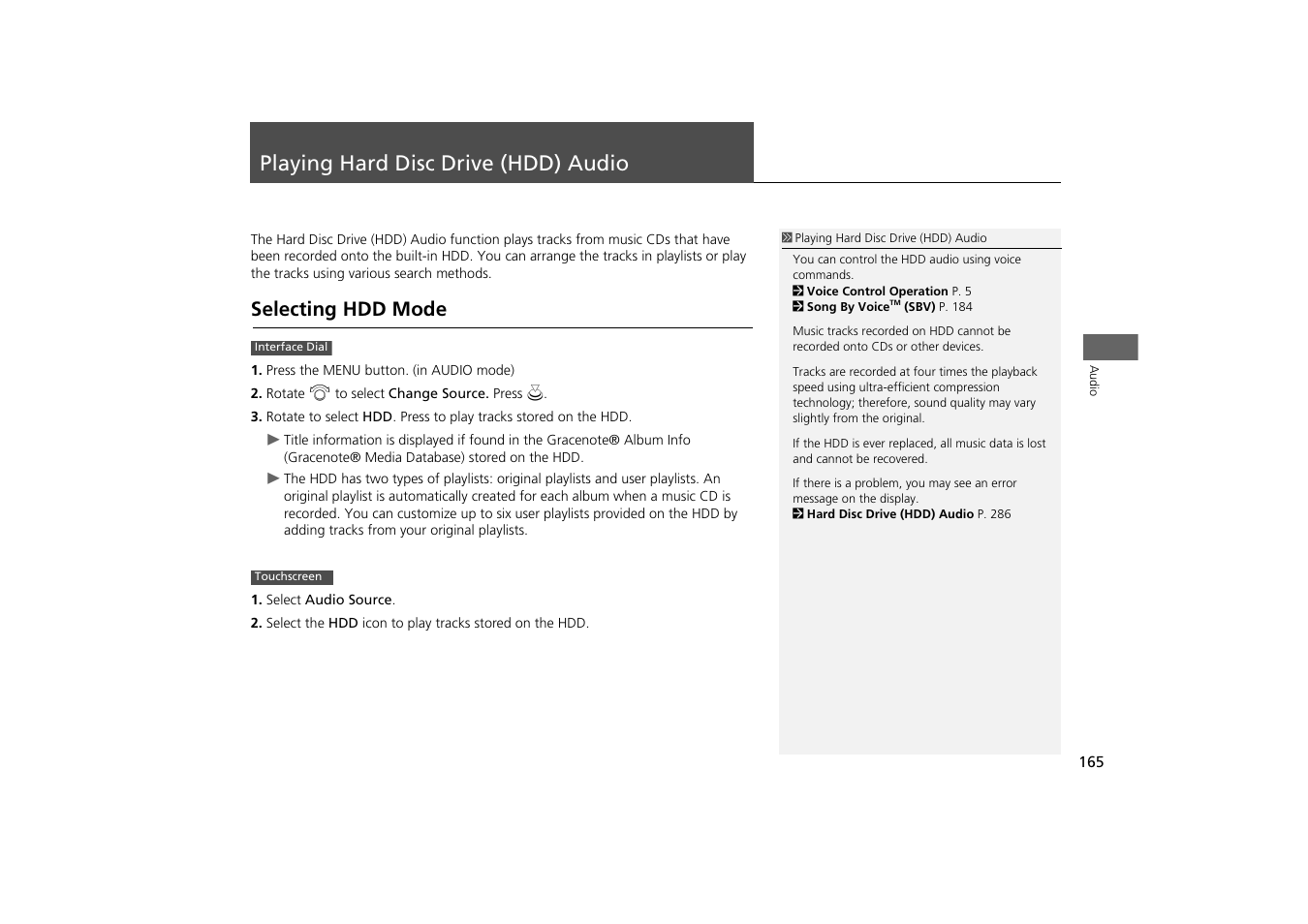 Playing hard disc drive (hdd) audio 165, P165), Playing hard disc drive (hdd) audio | Selecting hdd mode, Playing hard disc drive (hdd), Audio p. 165 | HONDA 2014 Odyssey - Navigation Manual User Manual | Page 166 / 327
