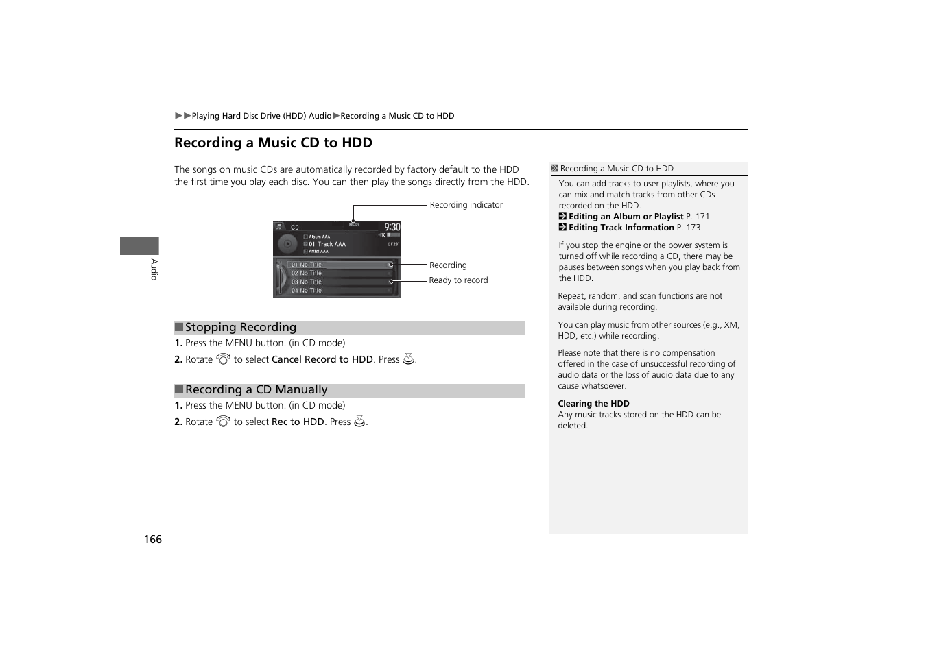 Recording a music cd to hdd, P. 166 | HONDA 2014 Odyssey - Navigation Manual User Manual | Page 167 / 327