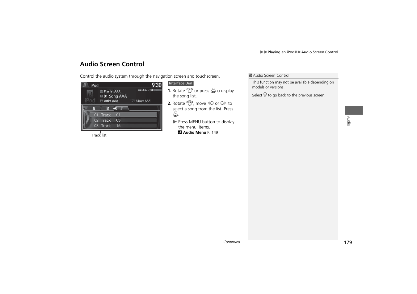 Audio screen control | HONDA 2014 Odyssey - Navigation Manual User Manual | Page 180 / 327