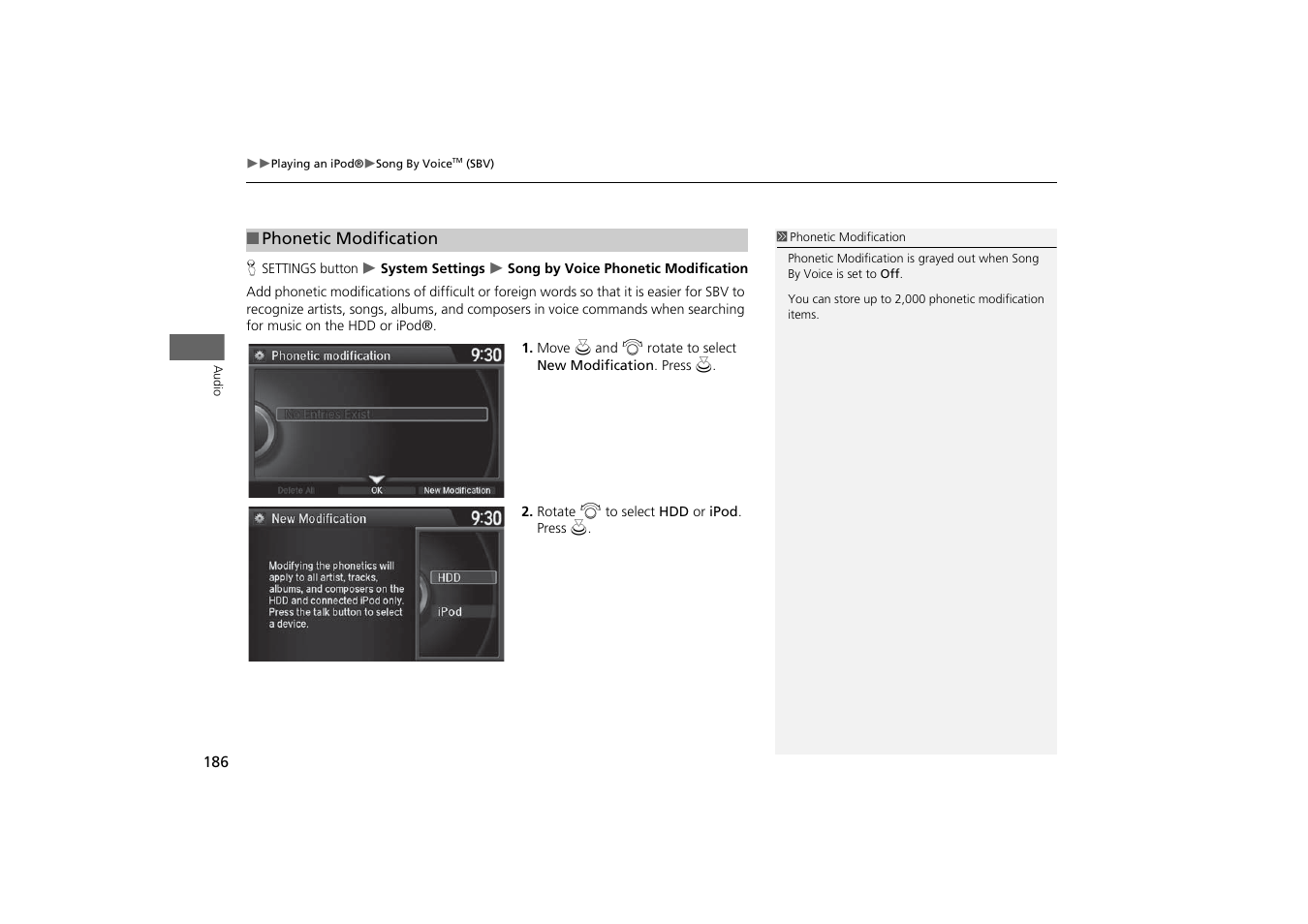 Stored in the hdd or an ipod®. 2, Phonetic modification, P. 186 | 2 phonetic modification p. 186 | HONDA 2014 Odyssey - Navigation Manual User Manual | Page 187 / 327