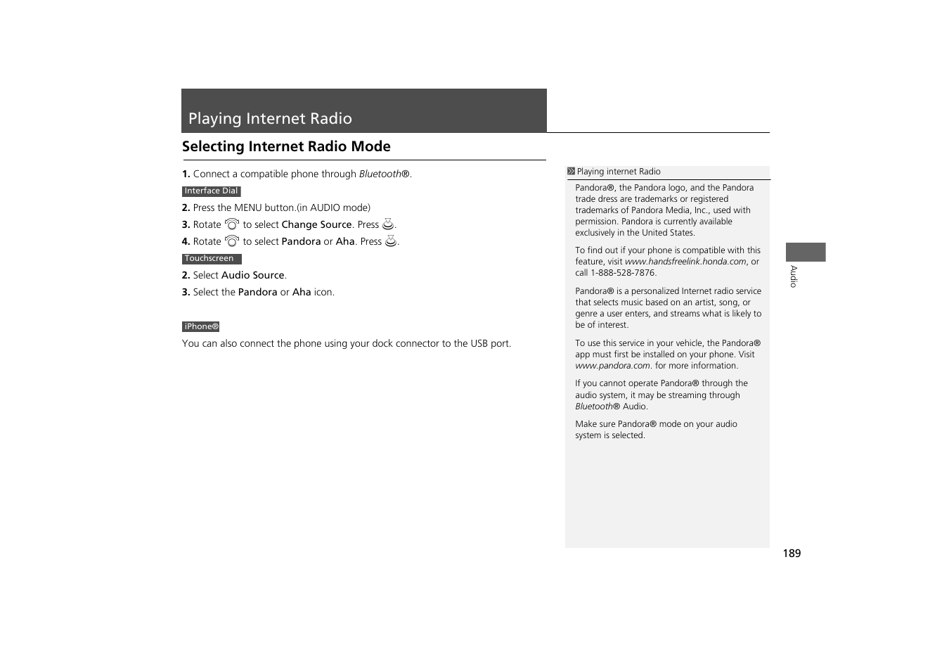 Playing internet radio 189, P189), Playing internet radio | Selecting internet radio mode | HONDA 2014 Odyssey - Navigation Manual User Manual | Page 190 / 327