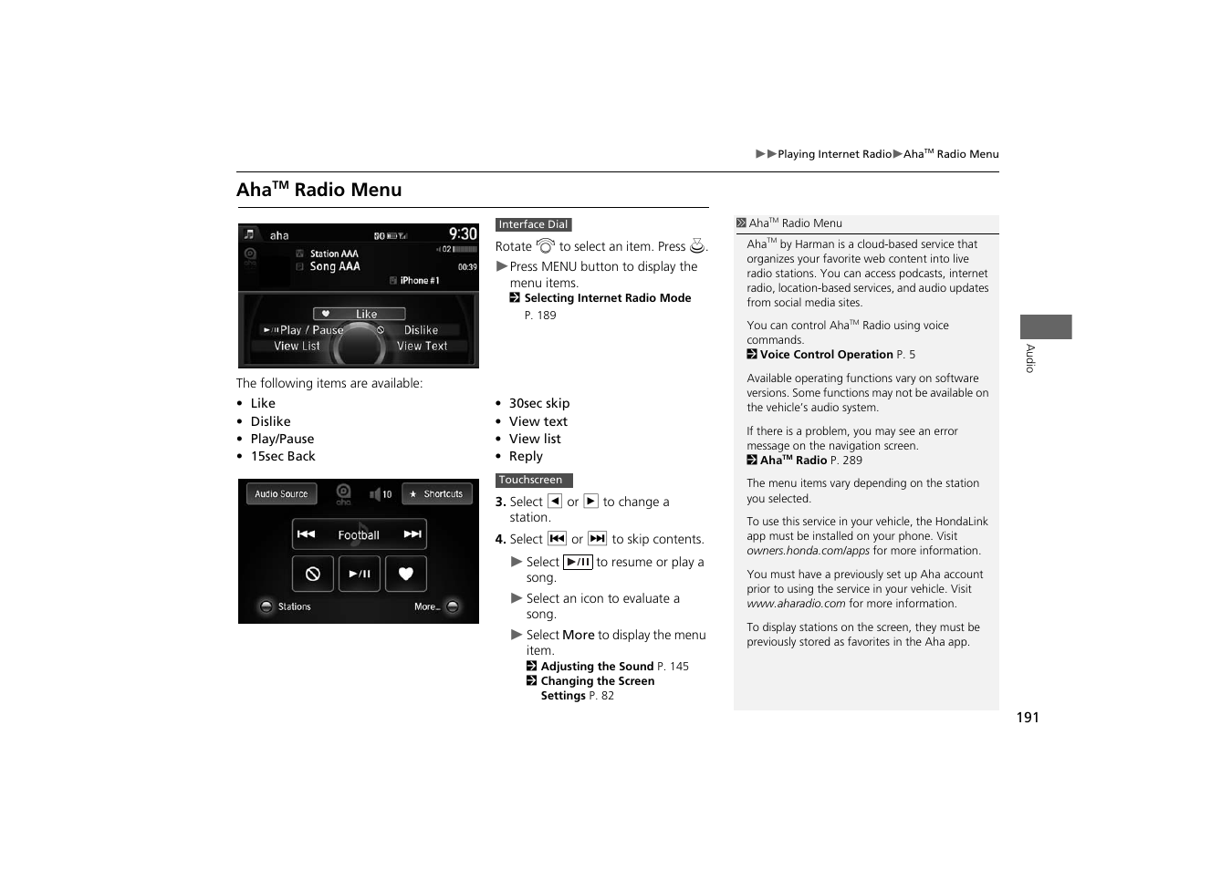 Radio menu | HONDA 2014 Odyssey - Navigation Manual User Manual | Page 192 / 327