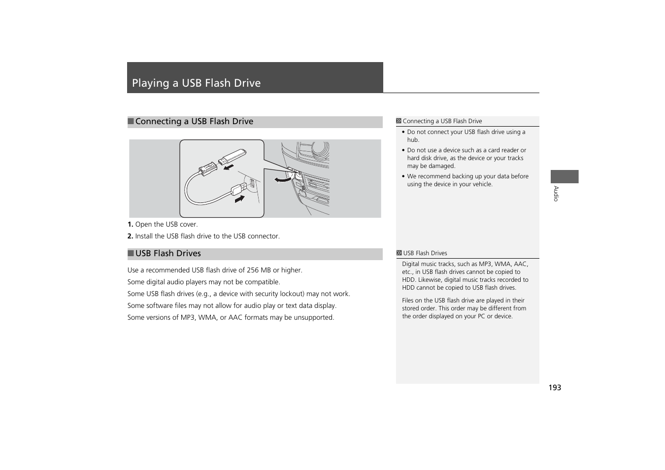 Playing a usb flash drive 193, P193), Playing a usb flash drive | HONDA 2014 Odyssey - Navigation Manual User Manual | Page 194 / 327
