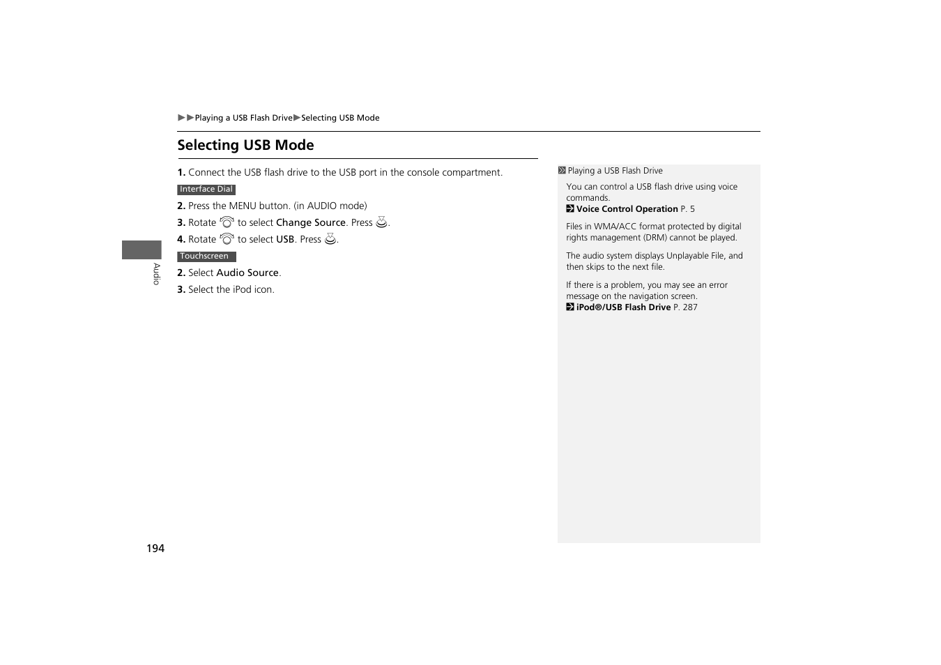 Selecting usb mode | HONDA 2014 Odyssey - Navigation Manual User Manual | Page 195 / 327